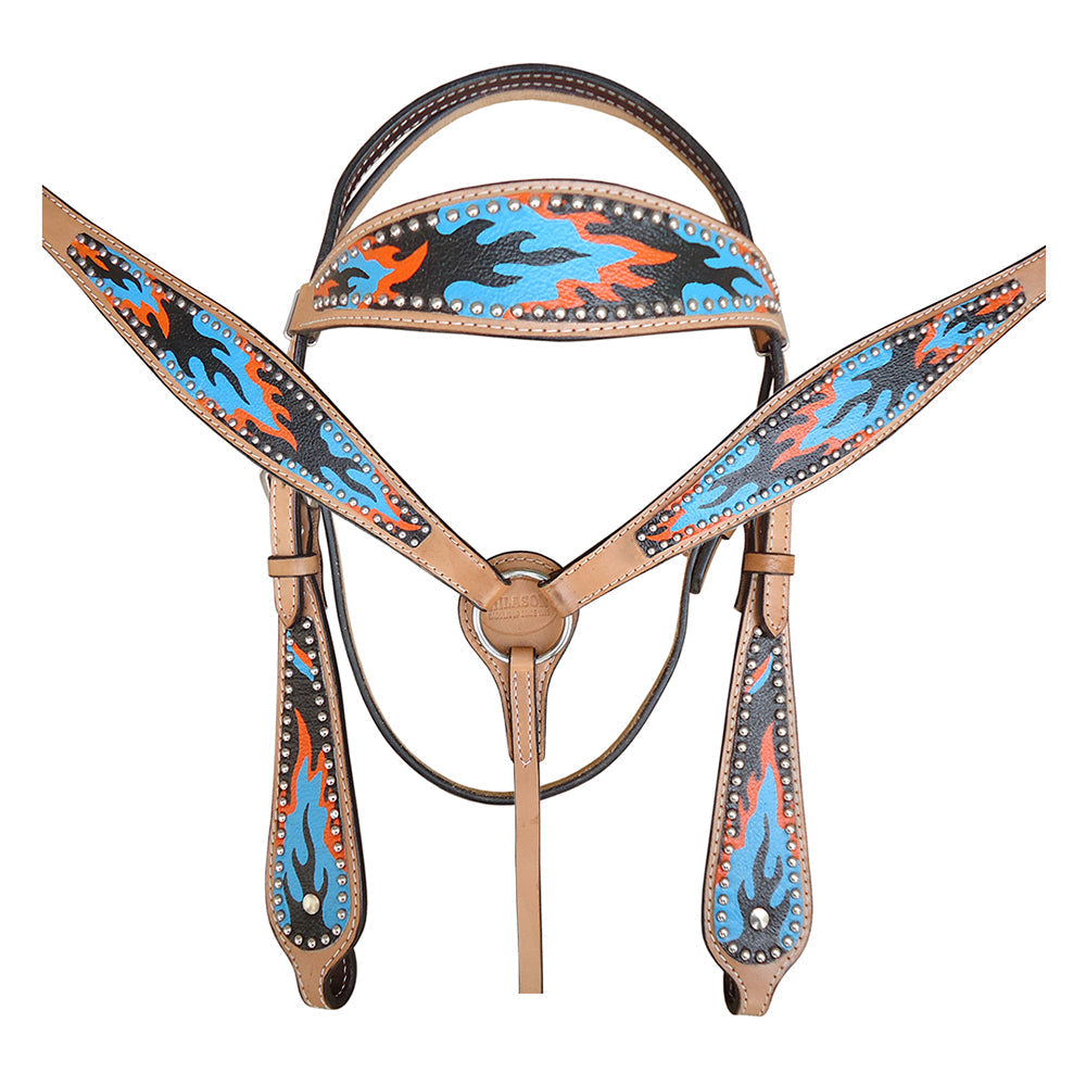 HILASON Western Horse Leather Headstall & Breast Collar Set Turquoise Flame