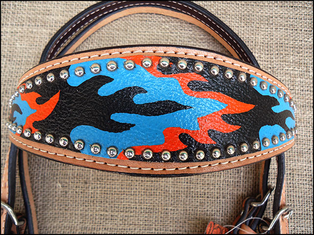 HILASON Western Horse Leather Headstall & Breast Collar Set Turquoise Flame