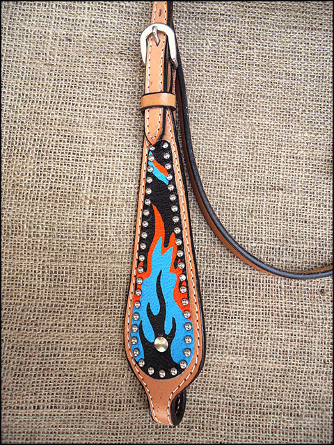 HILASON Western Horse Leather Headstall & Breast Collar Set Turquoise Flame