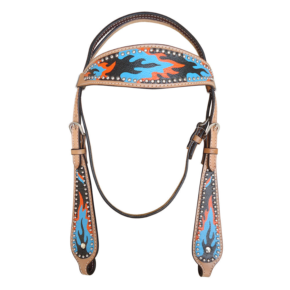 HILASON Western Horse Leather Headstall & Breast Collar Set Turquoise Flame