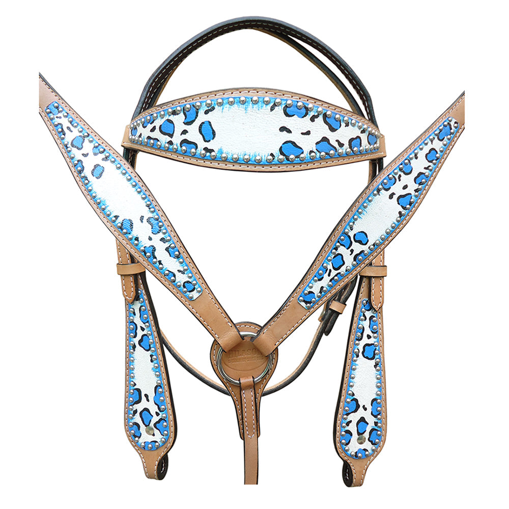 HILASON Western Horse Leather Headstall & Breast Collar Set Turquoise Leopard