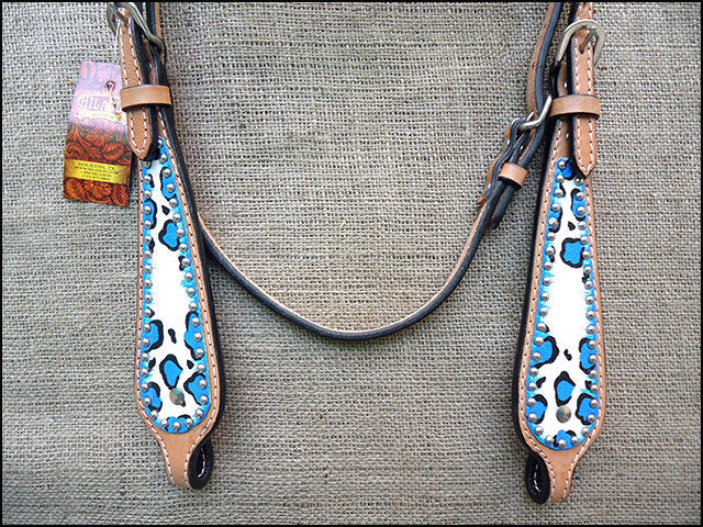 HILASON Western Horse Leather Headstall & Breast Collar Set Turquoise Leopard