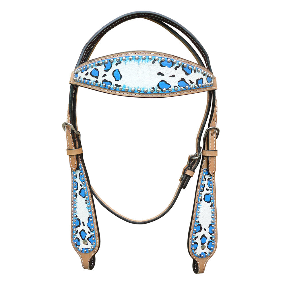 HILASON Western Horse Leather Headstall & Breast Collar Set Turquoise Leopard