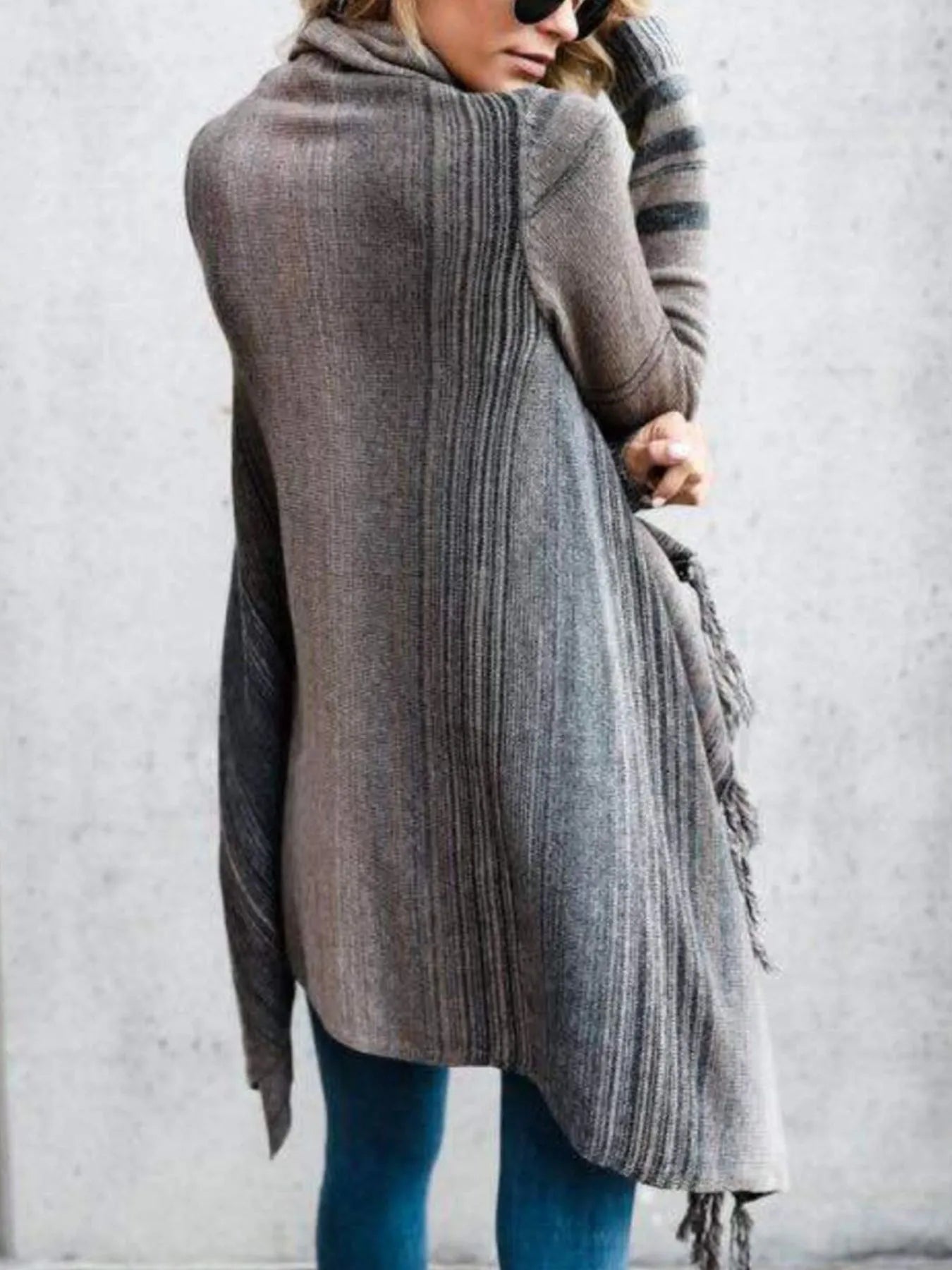 Fringe Long Sleeve Wrap Cardigan Button Fasten