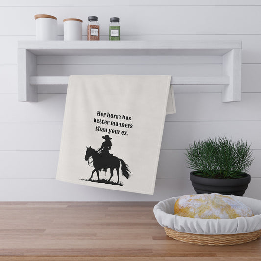Funny Horse Tea Towel, "Her Horse has better manners than your ex" Sassy tea towel to spice up your Kitchen or Bar Decor, Horse Lover Gift, Housewarming Gift