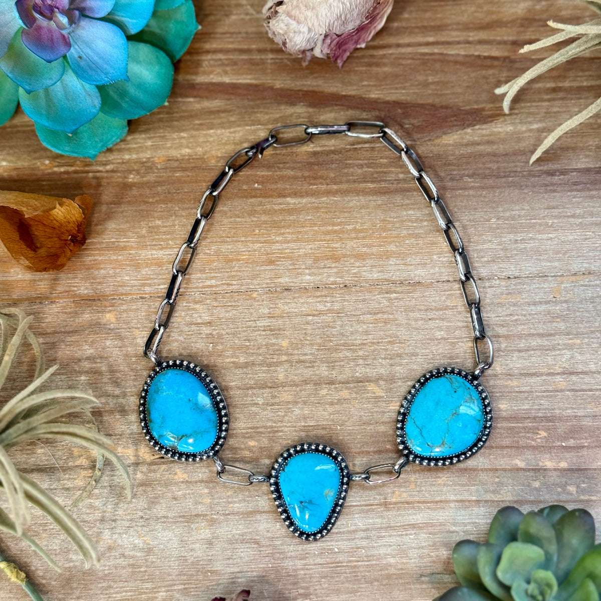 MJ One-of-a-Kind Three-Stone Turquoise Beaded Border Choker