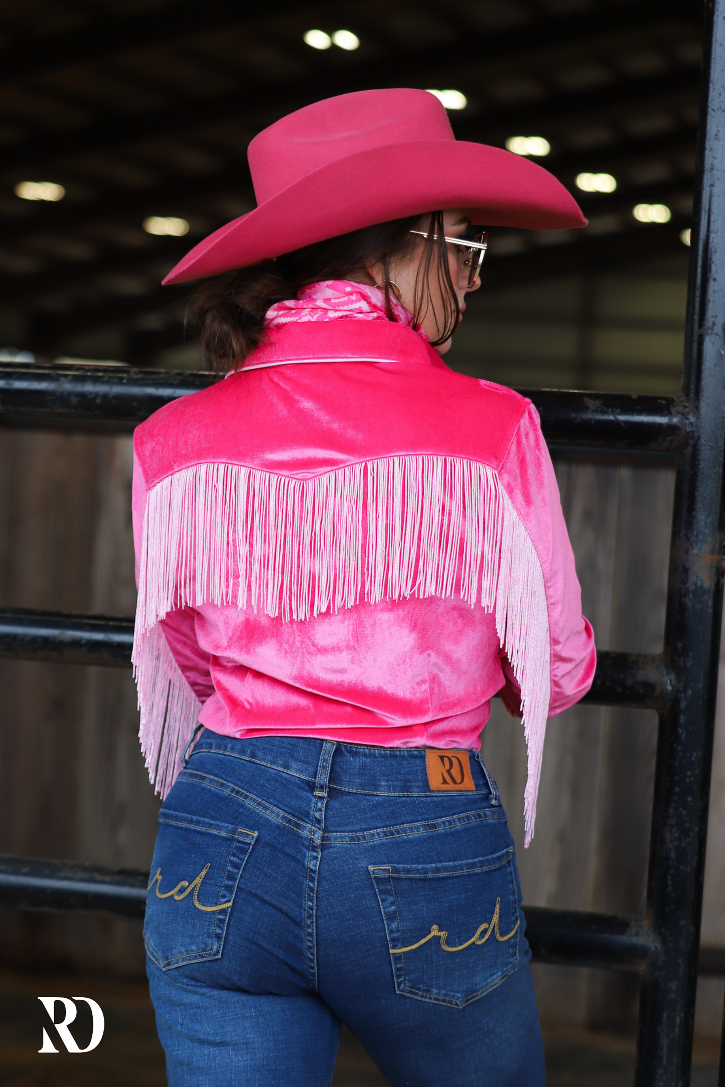 HOT PINK FRINGE VELVET PERFORMANCE RODEO SHIRT (ADULT)