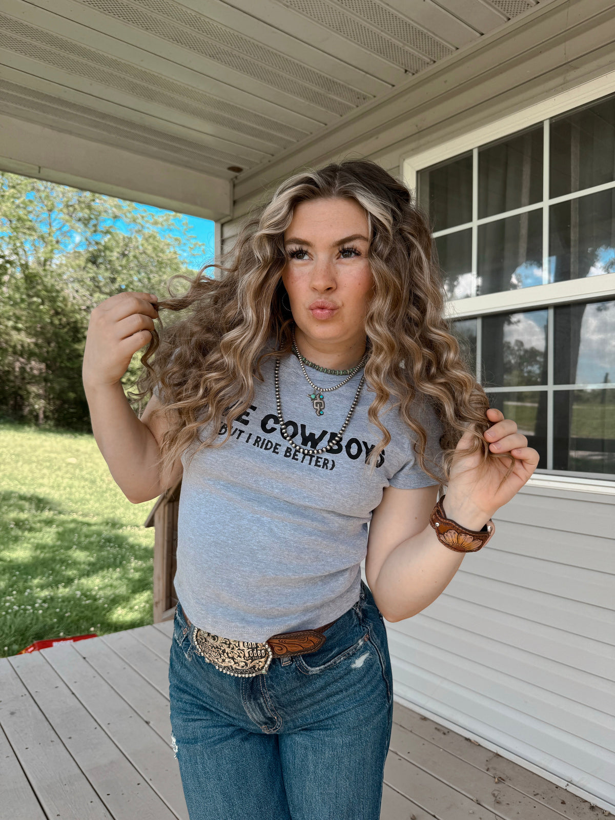 I Love Cowboys Baby Tee (Gray)