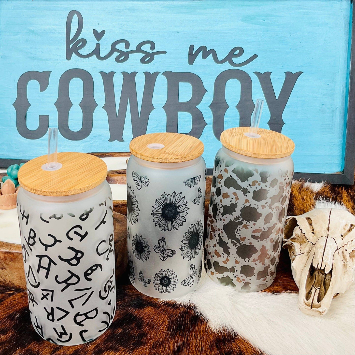 Brown and Black Cowhide  Frosted Glass 16 oz Western Tumbler