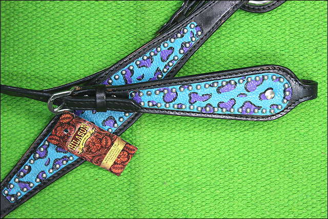 HILASON Western Horse Leather Headstall & Breast Collar Set Turquoise Cheetah