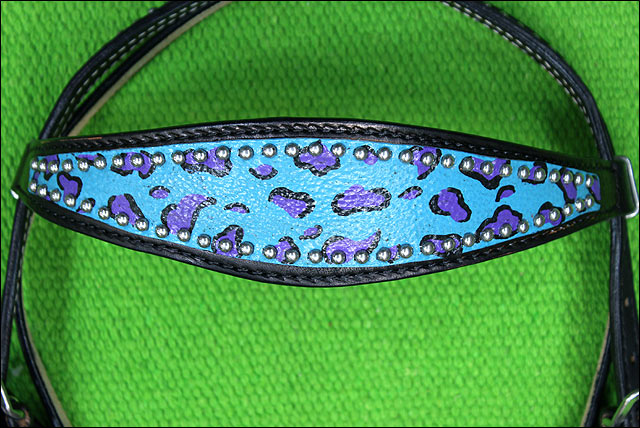 HILASON Western Horse Leather Headstall & Breast Collar Set Turquoise Cheetah