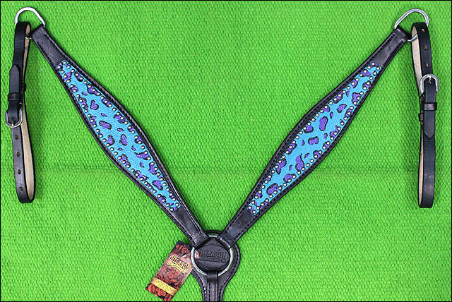 HILASON Western Horse Leather Headstall & Breast Collar Set Turquoise Cheetah