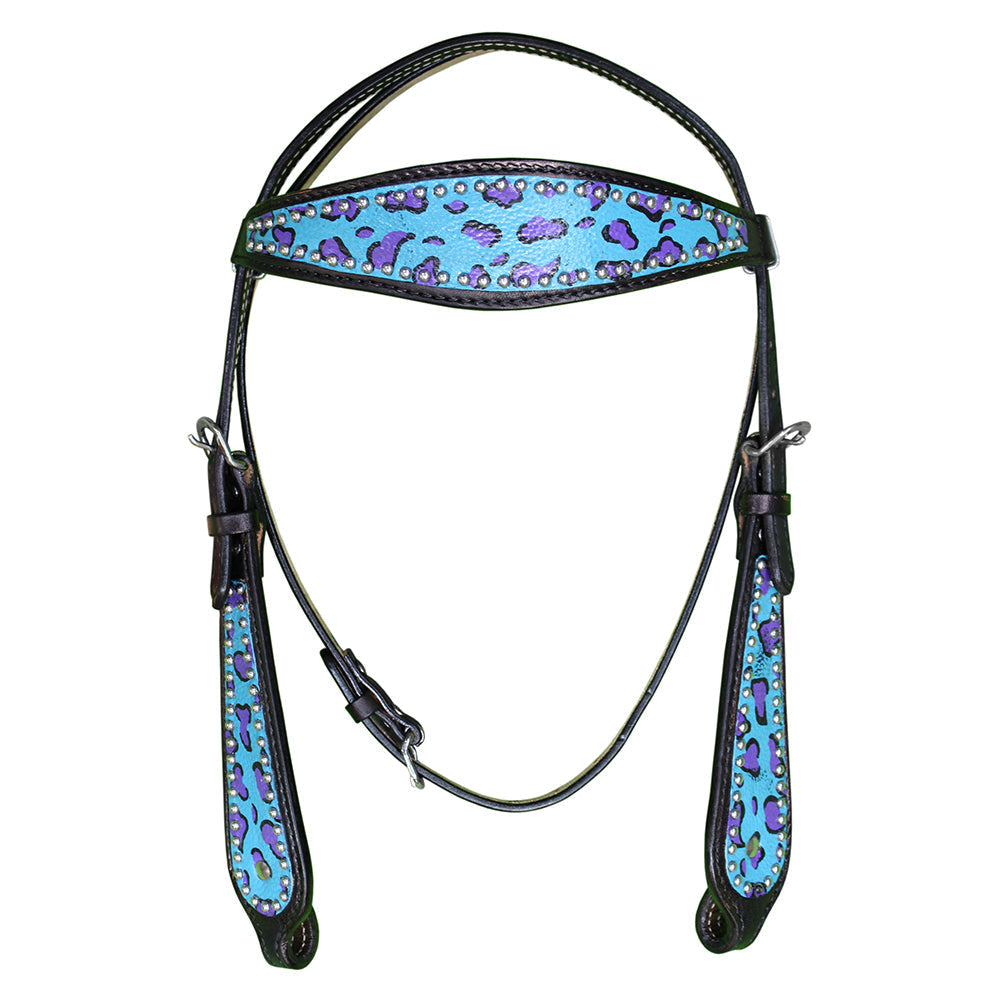 HILASON Western Horse Leather Headstall & Breast Collar Set Turquoise Cheetah