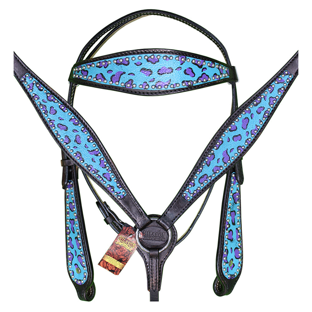 HILASON Western Horse Leather Headstall & Breast Collar Set Turquoise Cheetah