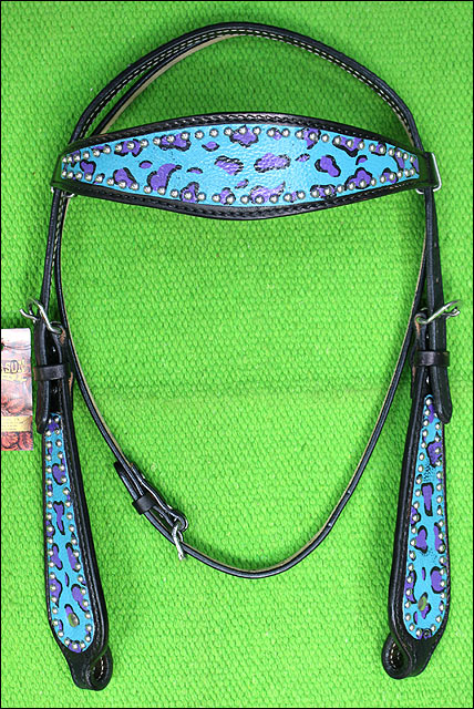 HILASON Western Horse Leather Headstall & Breast Collar Set Turquoise Cheetah