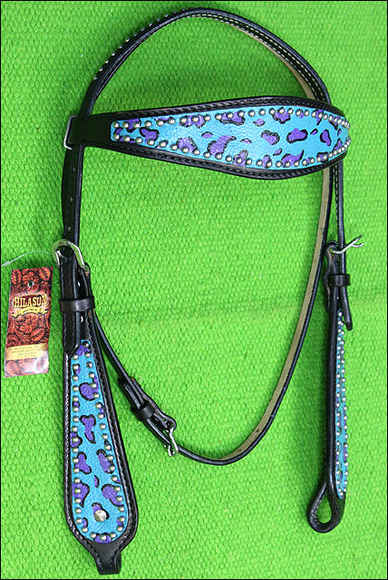 HILASON Western Horse Leather Headstall & Breast Collar Set Turquoise Cheetah