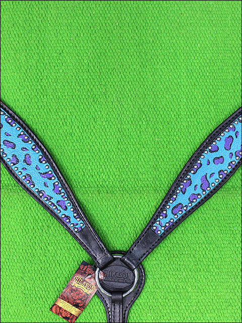 HILASON Western Horse Leather Headstall & Breast Collar Set Turquoise Cheetah