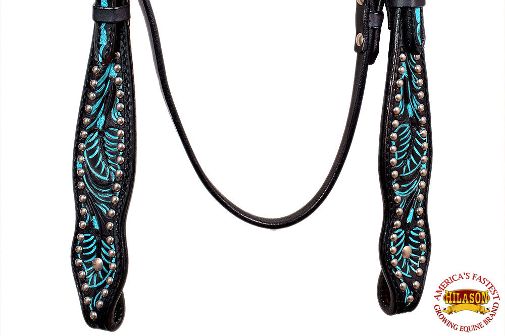 Western Horse Breast Collar Tack American Leather Black Turquoise Hilason
