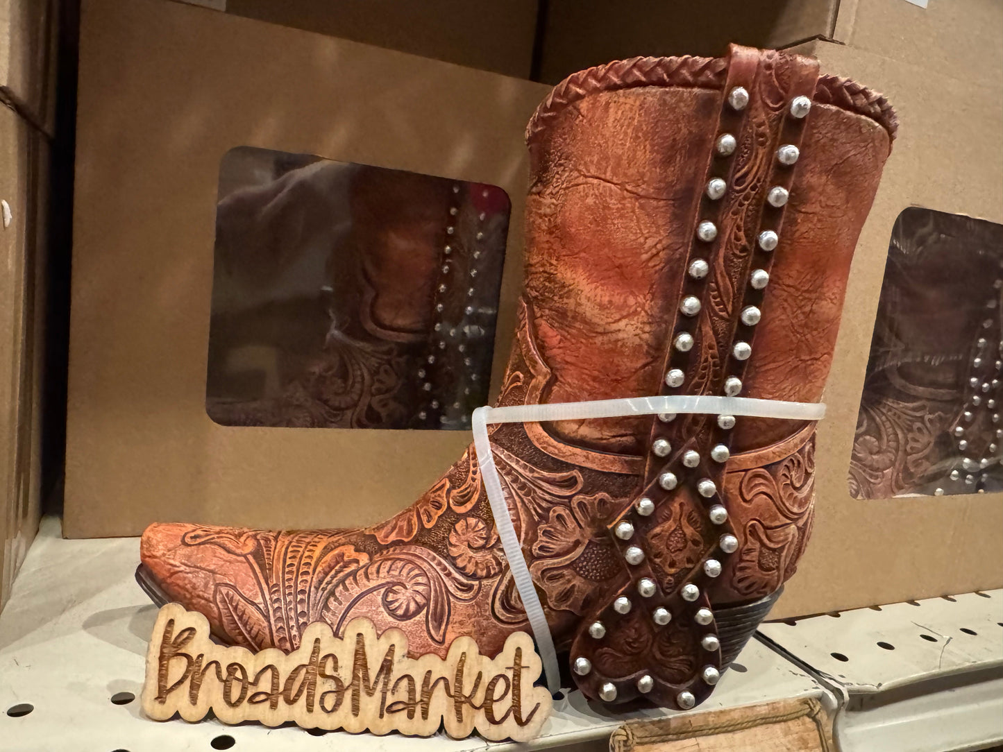 RA7153 Studded Tan Tooled Boot Vase
