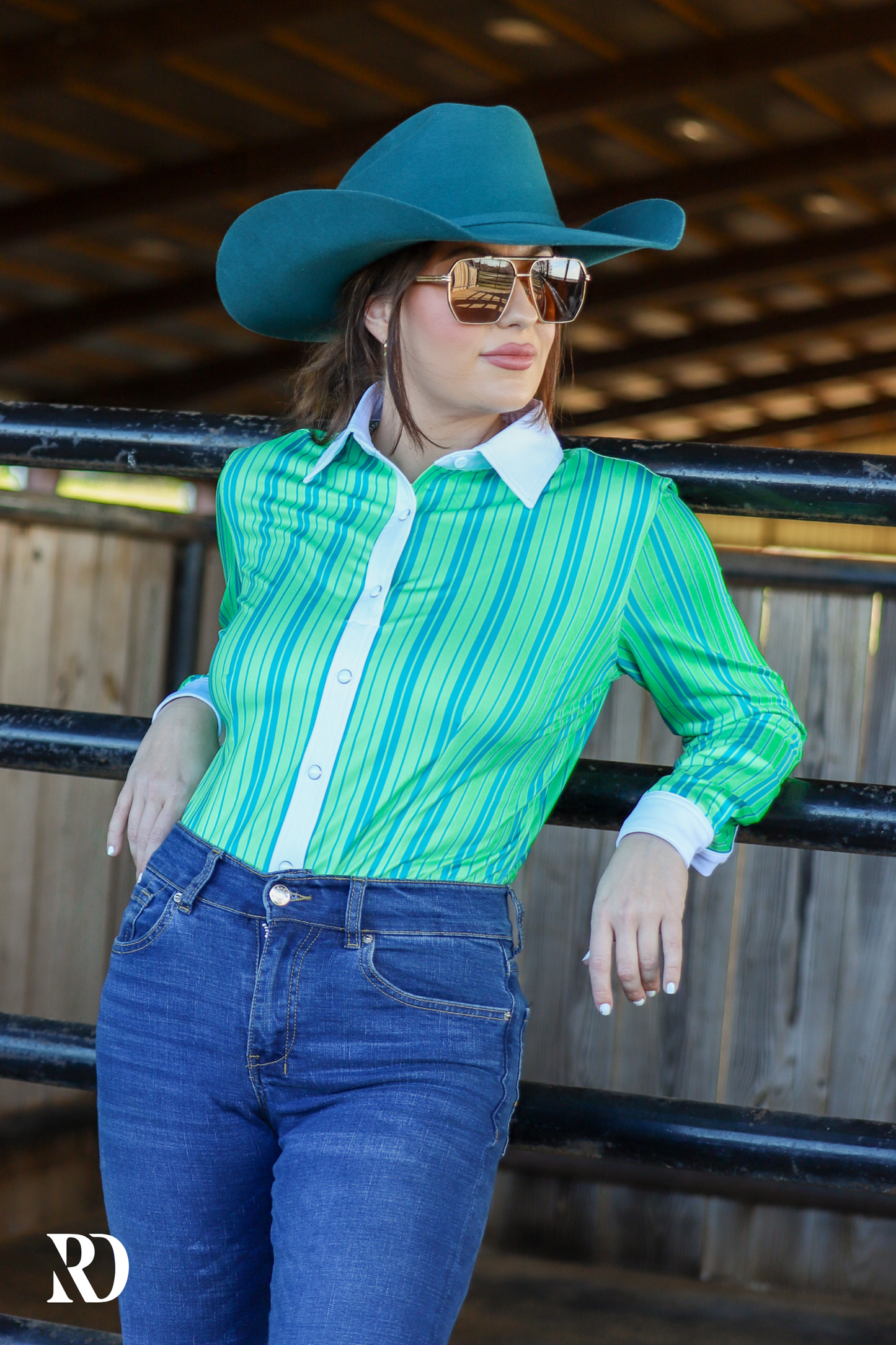 LIME AND TEAL PIN STRIPE PERFORMANCE RODEO SHIRT
