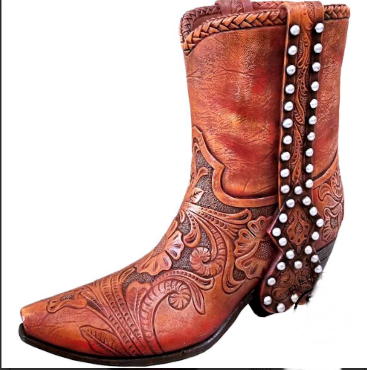 RA7153 Studded Tan Tooled Boot Vase