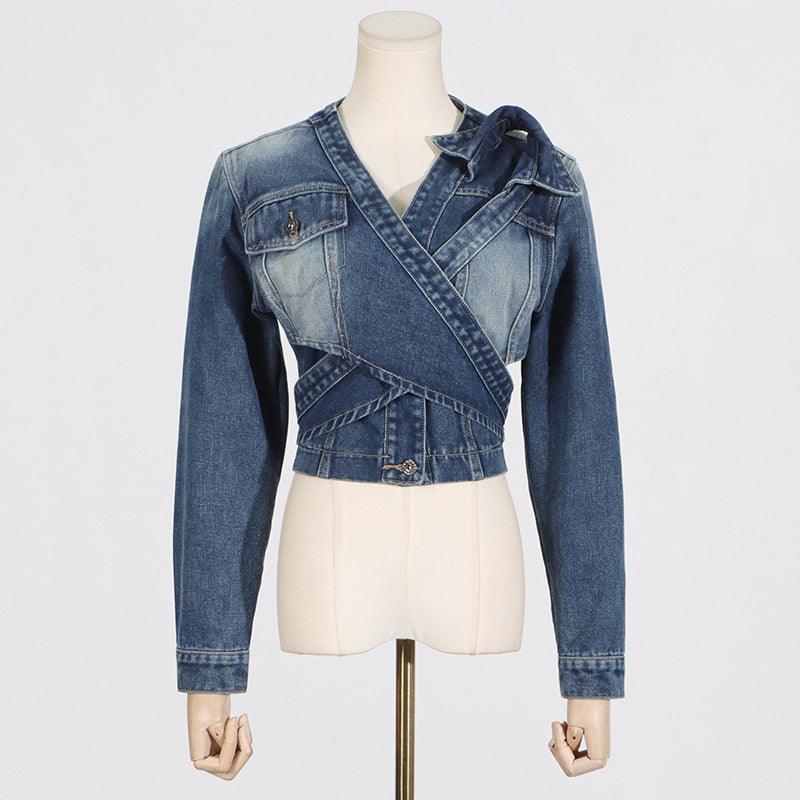 Women’s V-neck Cross Asymmetrical Lace-Up High-End Short Denim Jacket