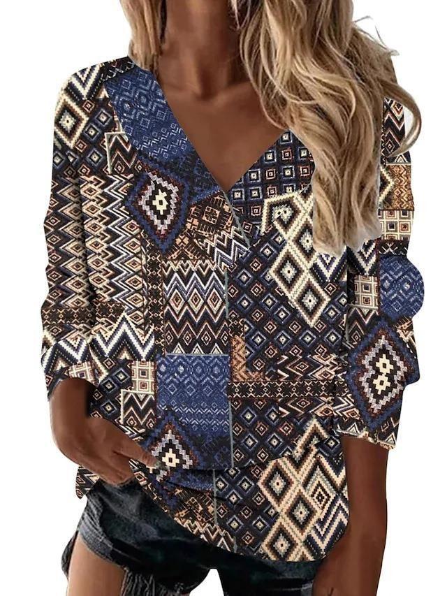 Boho Western V-Neck Long Sleeved Top – Stylish Cowgirl Fashion with Geometric Patterns