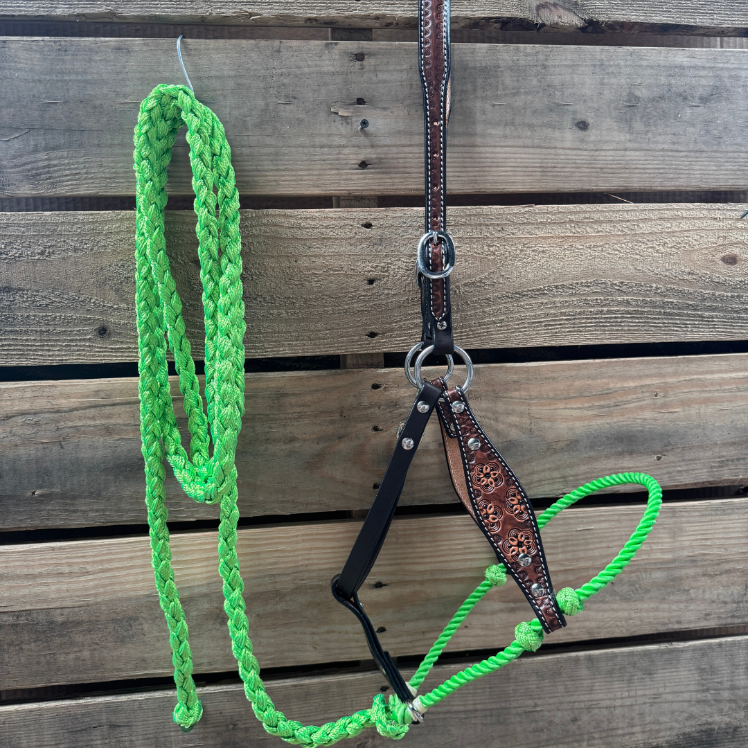 Lime Flower Power Tooled Lariat & Leather Combo Halter