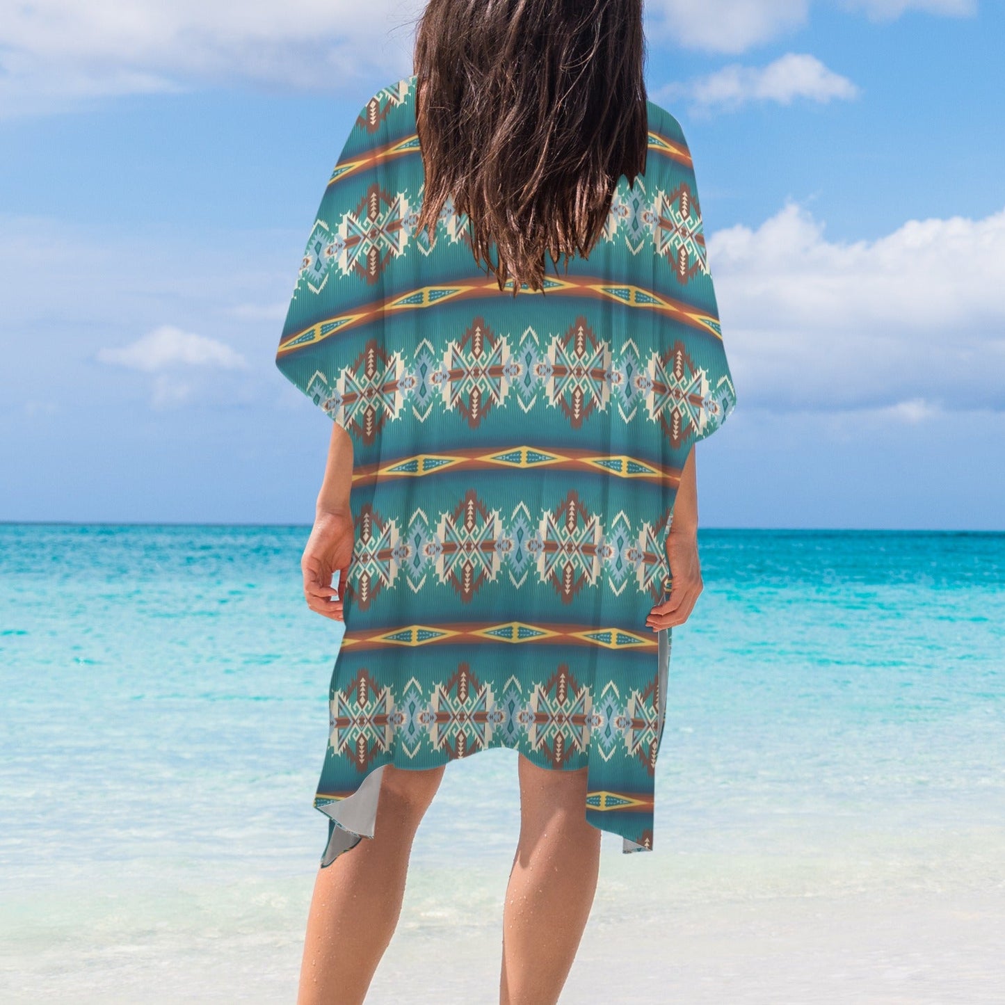 Teal Aztec Duster Kimono Coverup