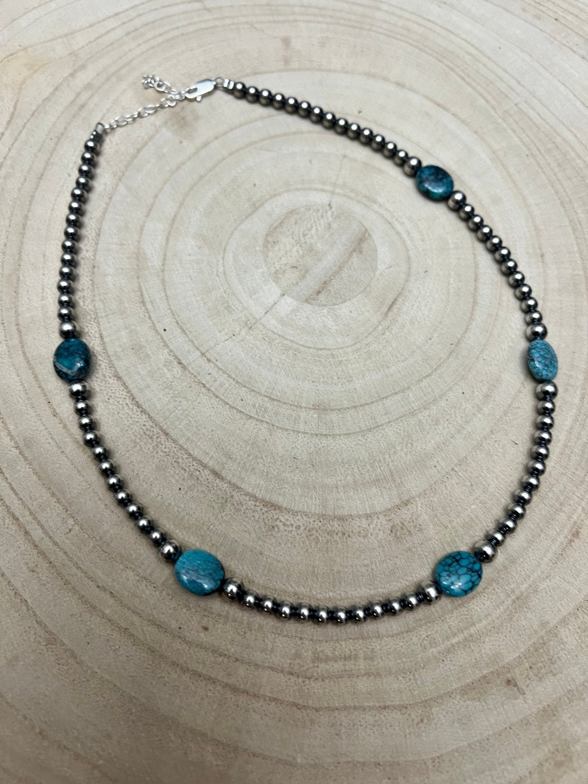 4mm & 5mm Sterling Pearl & Turquoise Choker — 15 inch (Handmade in Texas)