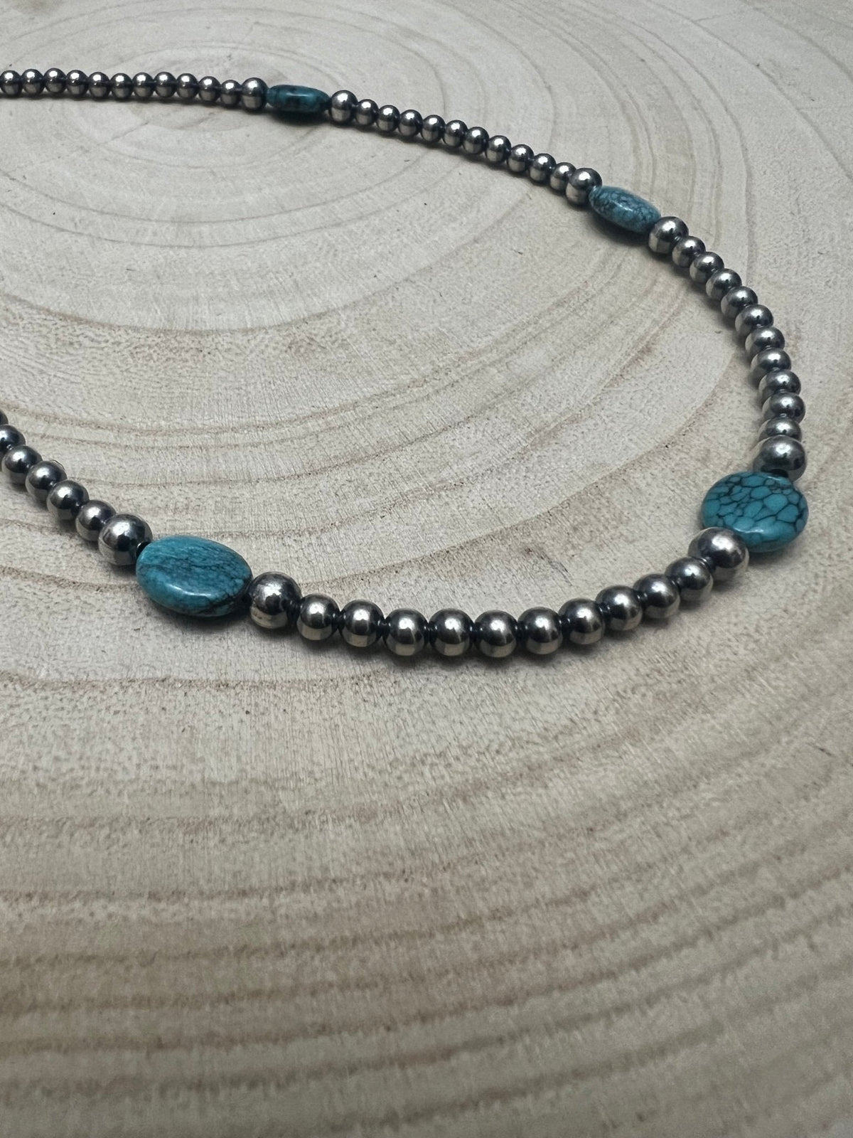 4mm & 5mm Sterling Pearl & Turquoise Choker — 15 inch (Handmade in Texas)