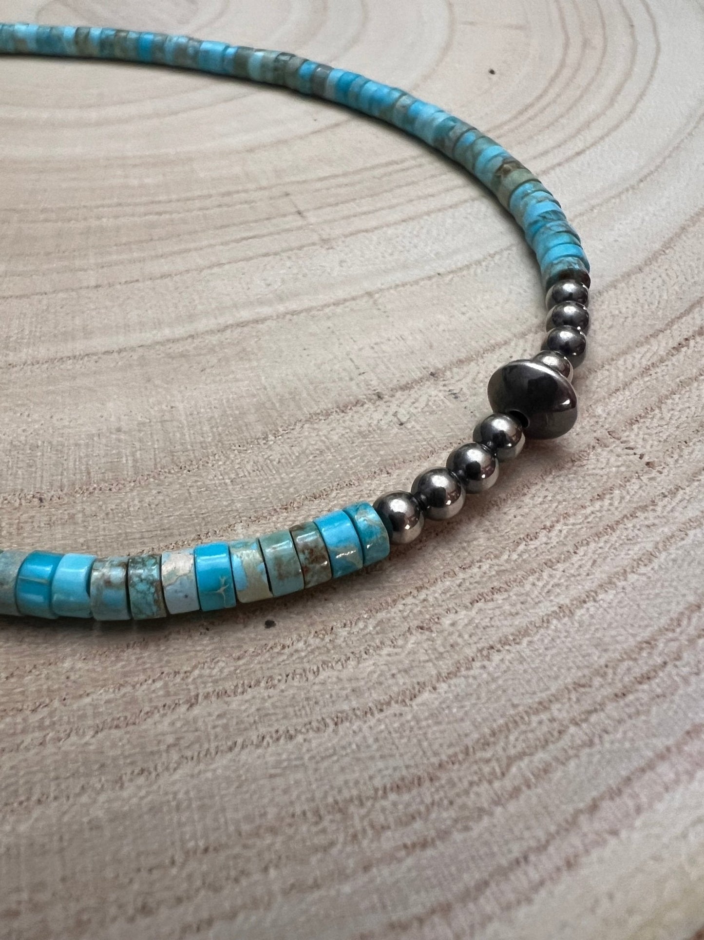 Variscite Turquoise & Sterling Silver Pearls and Saucer Bead Choker (14-17")
