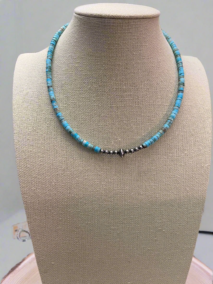 Variscite Turquoise & Sterling Silver Pearls and Saucer Bead Choker (14-17")