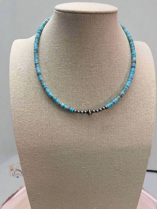 Variscite Turquoise & Sterling Silver Pearls and Saucer Bead Choker (14-17")