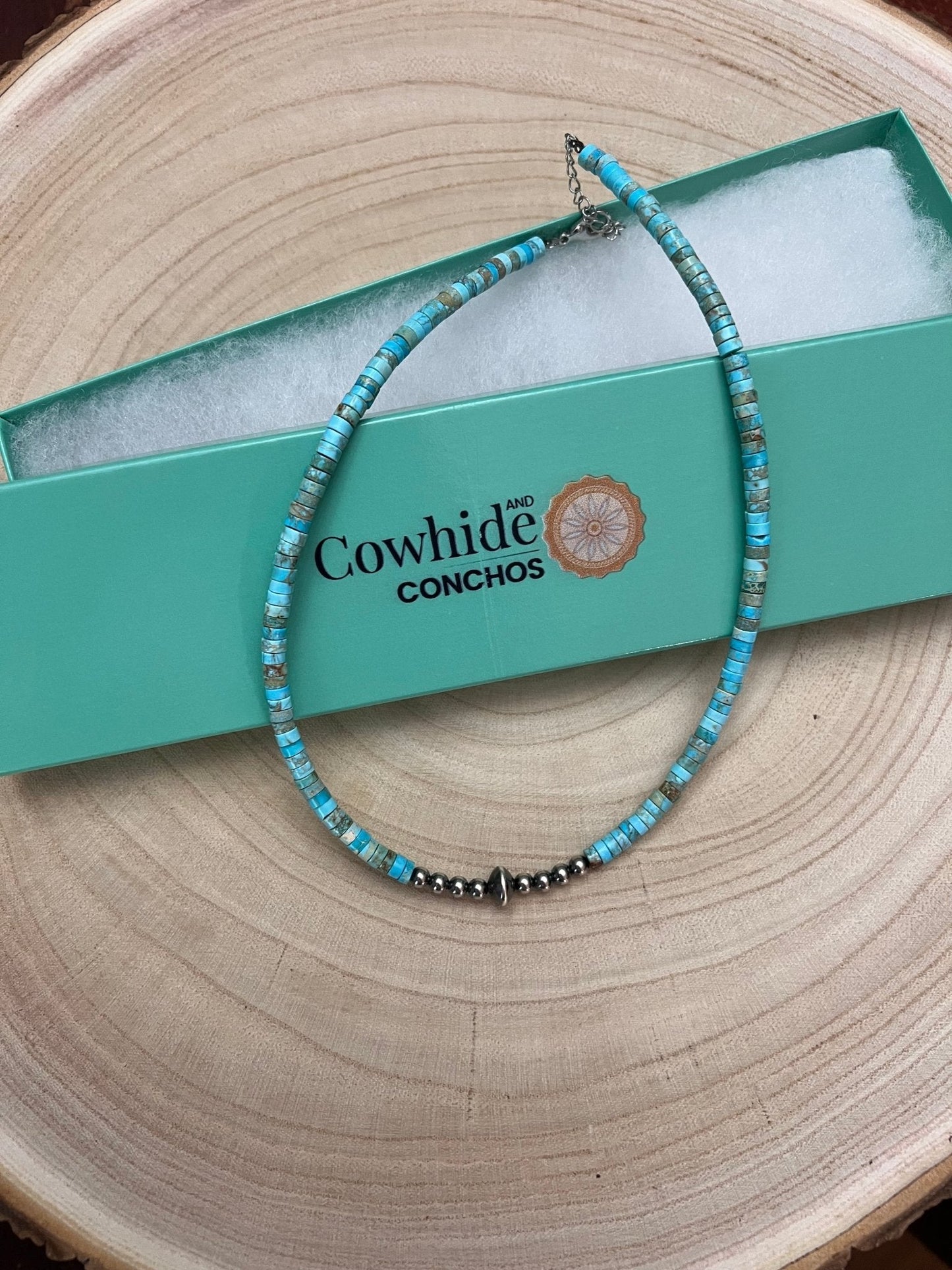 Variscite Turquoise & Sterling Silver Pearls and Saucer Bead Choker (14-17")