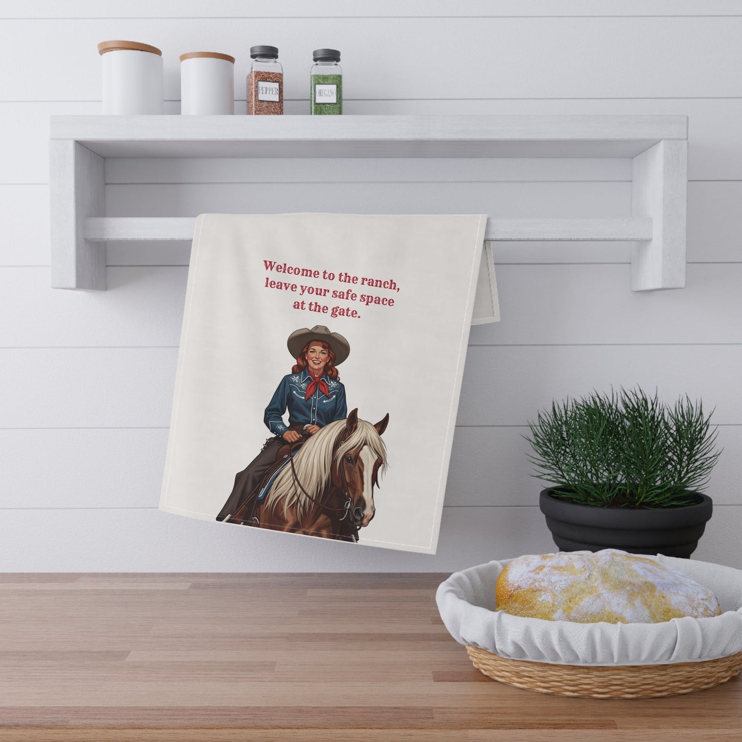 "Welcome to the Ranch, leave your safe space at the gate" Western Ranch Tea Towels, Rustic Kitchen Decor, Farmhouse Hostess Gift, Cowboy Themed Towel, Country Style Homeware