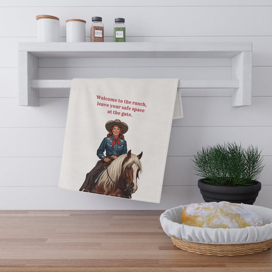 "Welcome to the Ranch, leave your safe space at the gate" Western Ranch Tea Towels, Rustic Kitchen Decor, Farmhouse Hostess Gift, Cowboy Themed Towel, Country Style Homeware