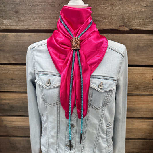 35X35" Solid Hot Pink Wild Rag / Scarf - Leather Slide and Bolo Tie