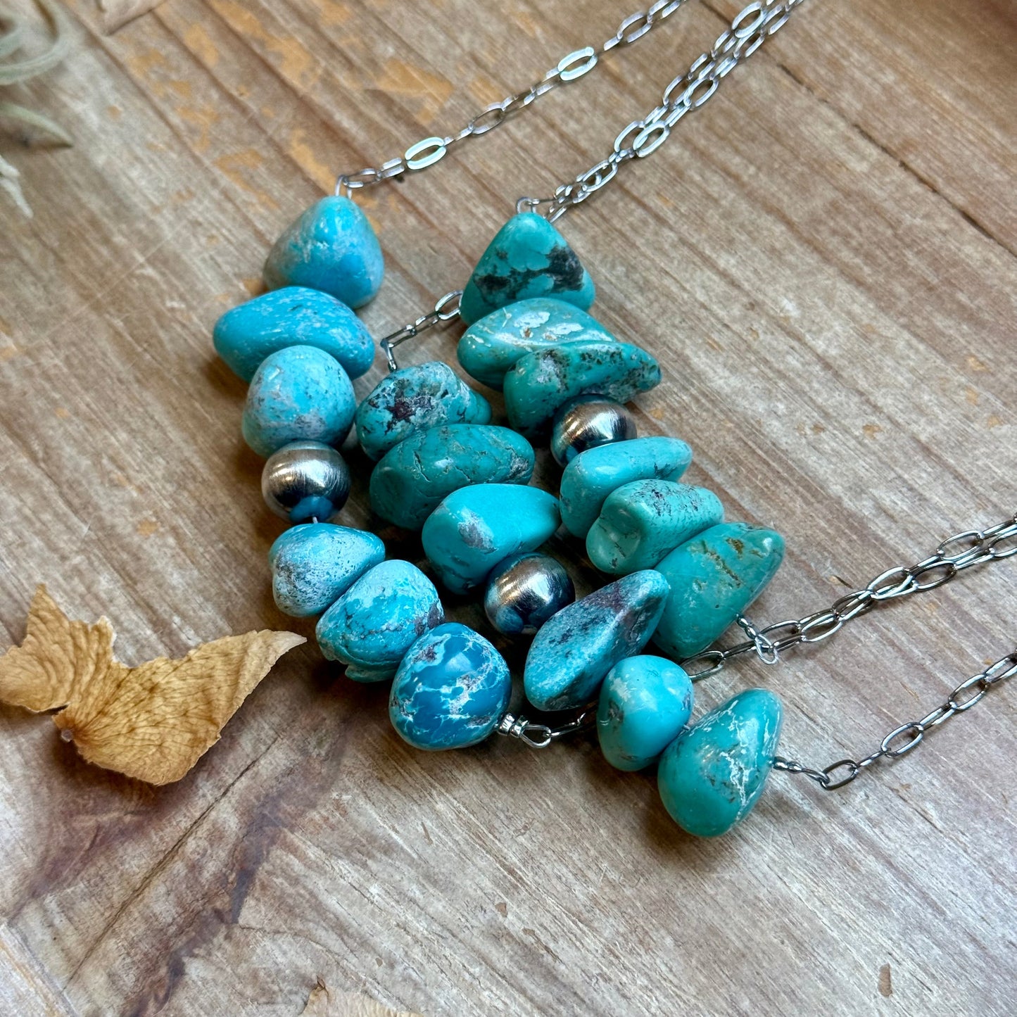 Chunky Turquoise & Sterling Silver Pearl Paperclip Necklace