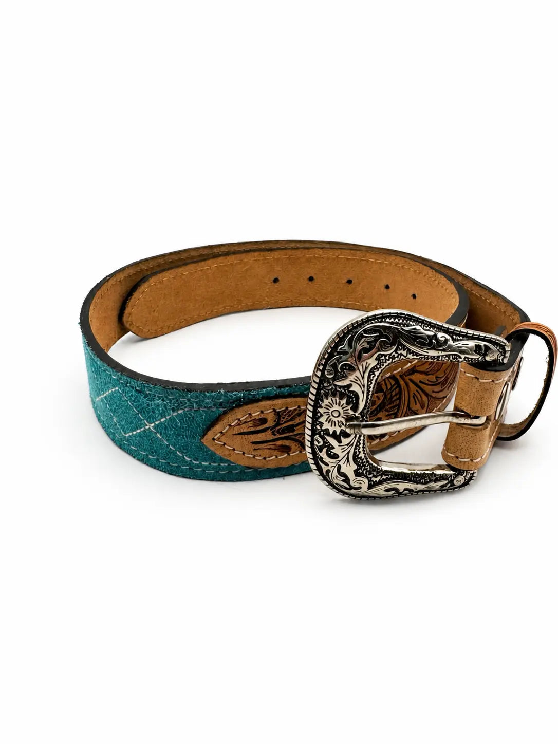 Western Stitch Genuine Suede & Hand Tooled Leather Belt -Turquoise