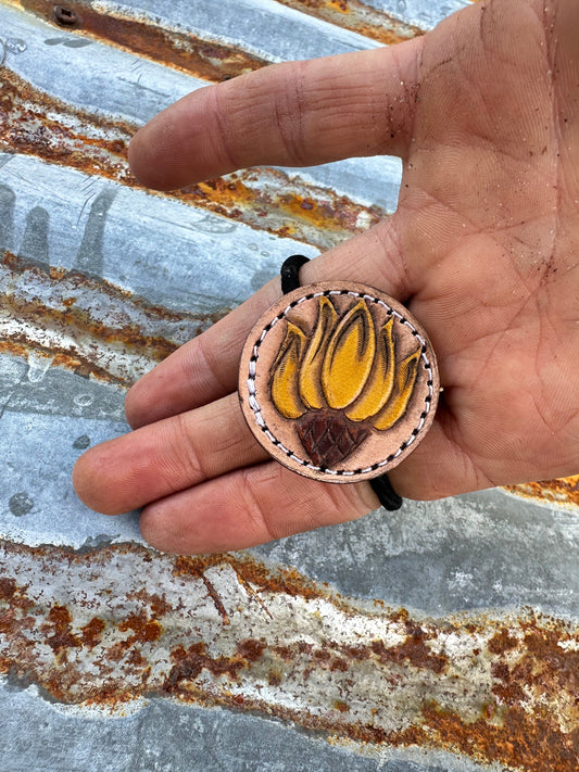 Hand Tooled Leather Hair-Tie with Coneflower