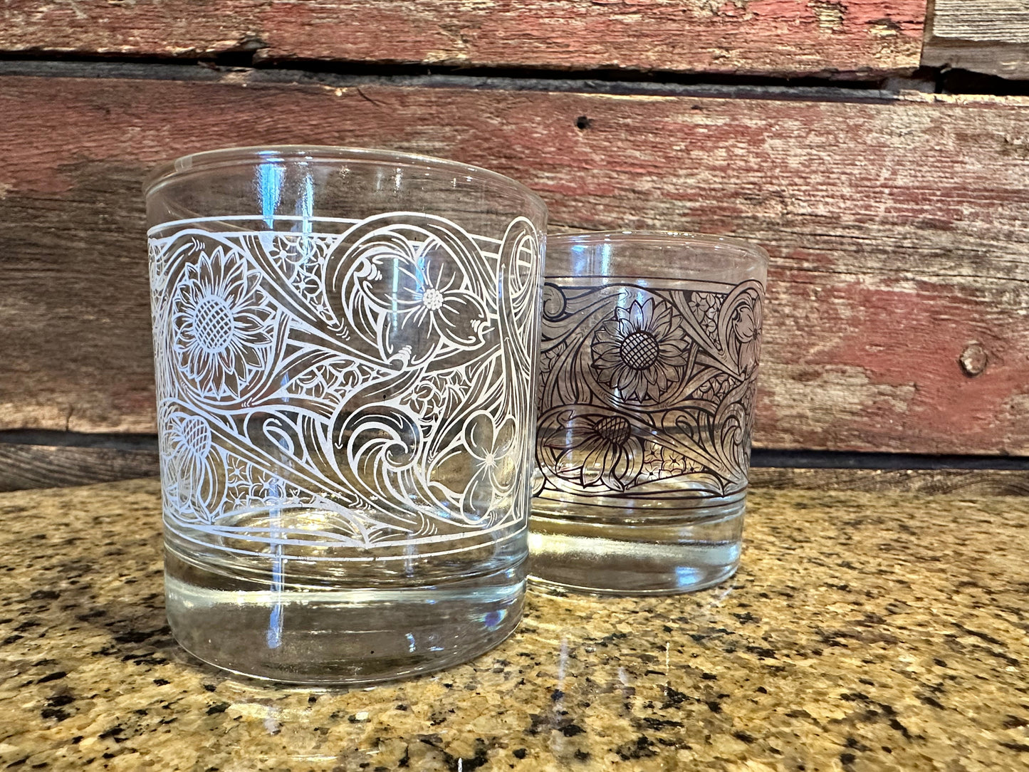 On the Rocks Glass floral tooled design