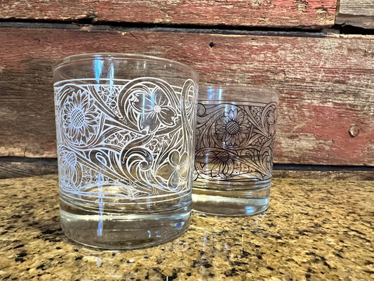 On the Rocks Glass floral tooled design