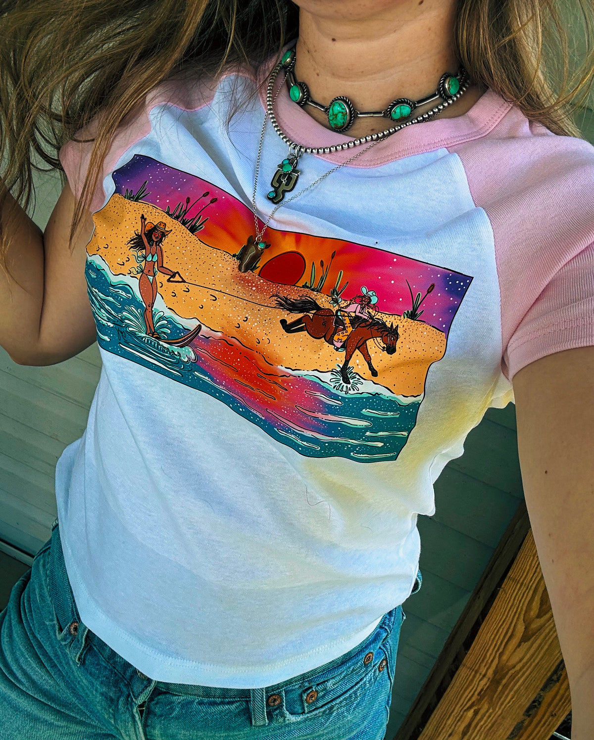 Lake Day Cowgirl Baby Tee (Pink/White)