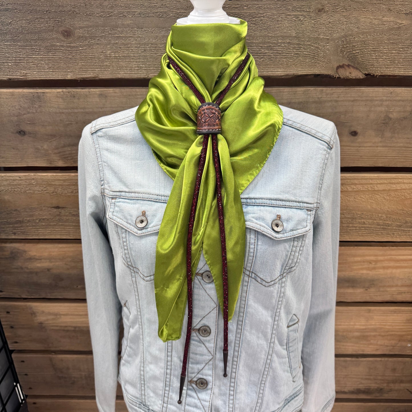 35X35" Solid Light Green Wild Rag / Scarf - Leather Slide and Bolo Tie
