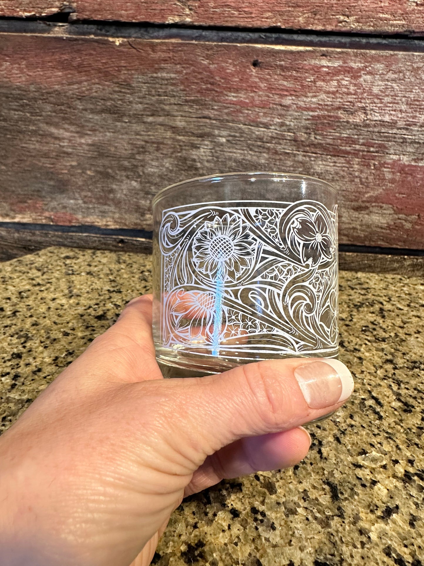 On the Rocks Glass floral tooled design