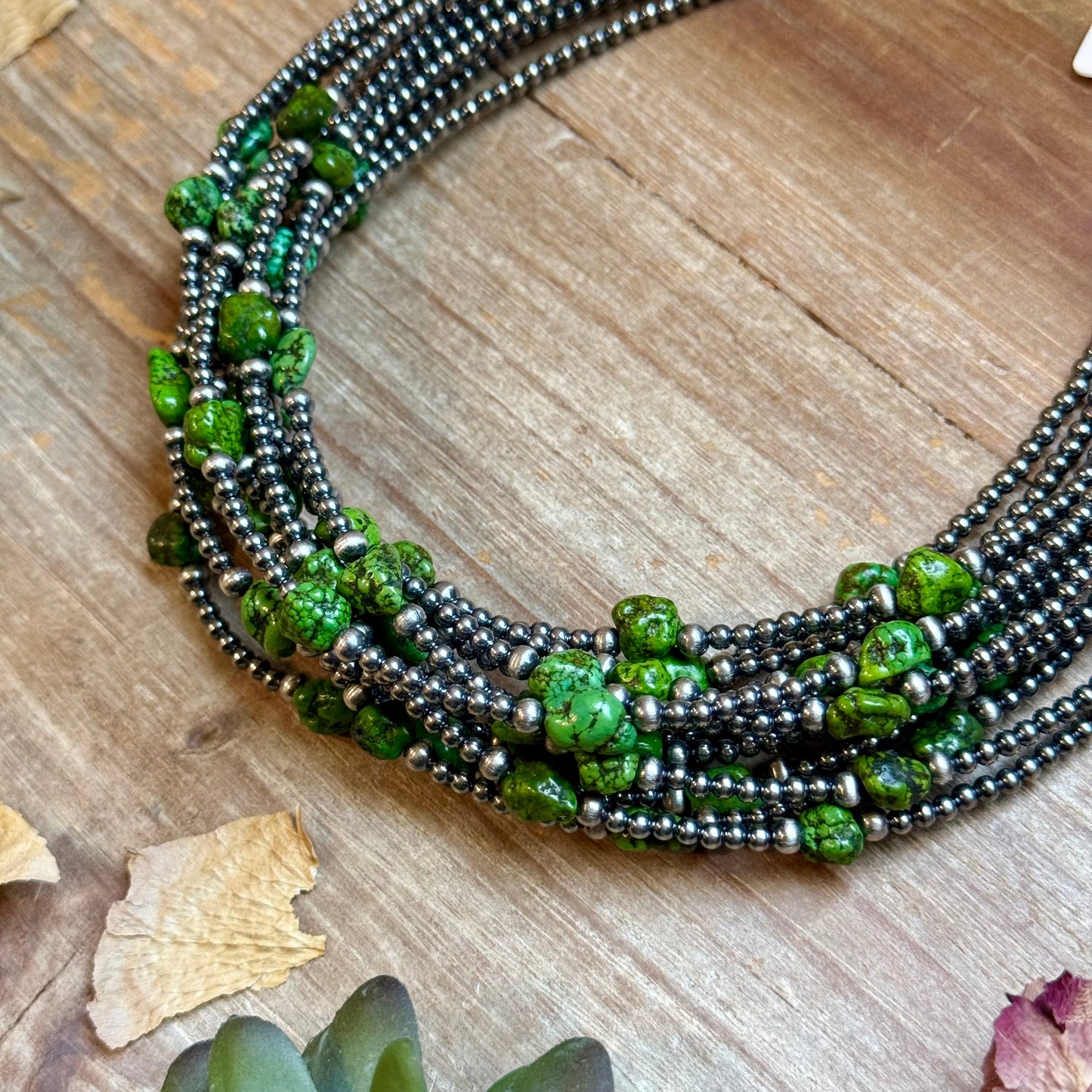 Green Nugget Turquoise & Sterling Silver Pearl Necklace