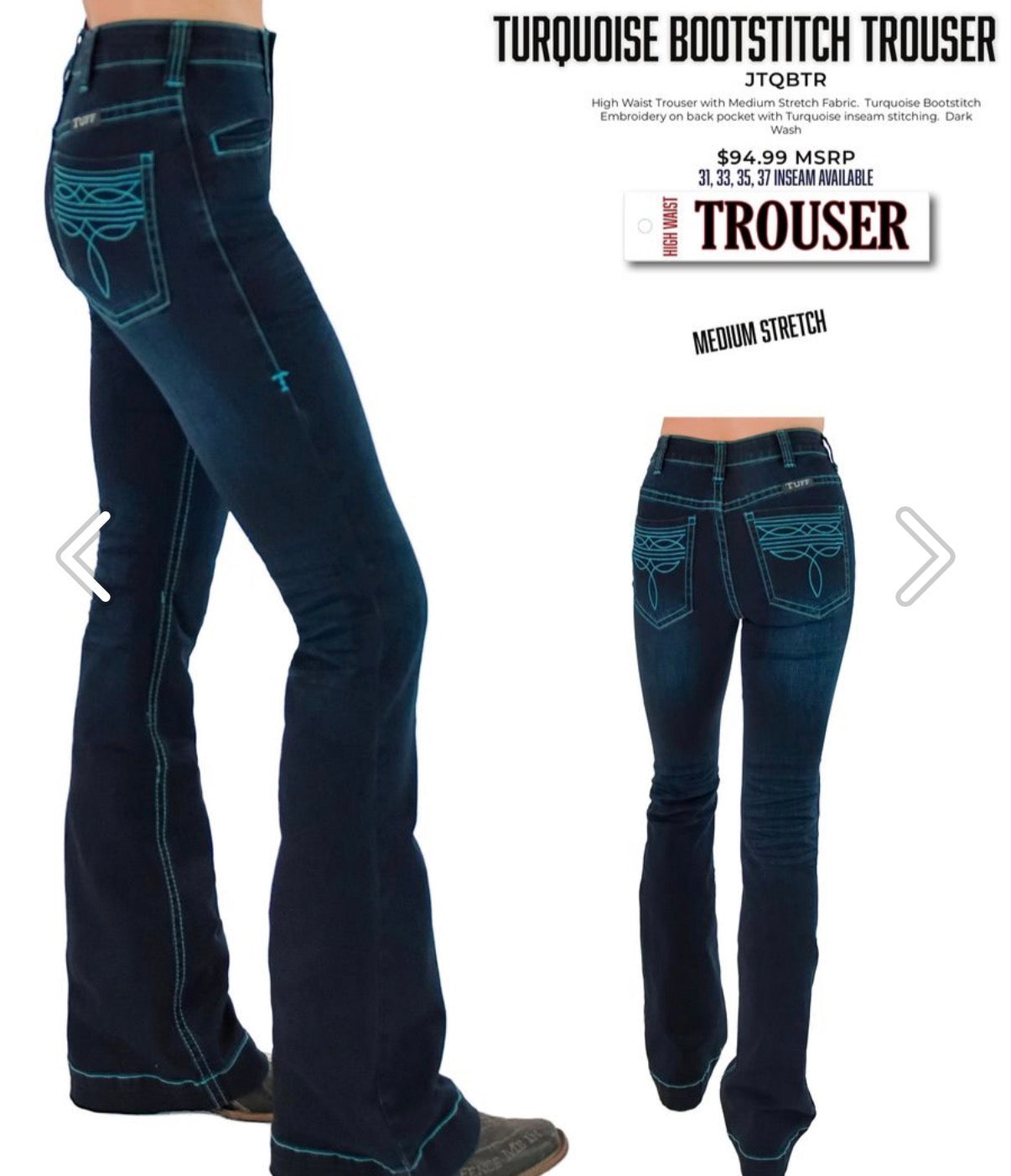 cowgirl Tuff Turquoise Boot stitch trousers