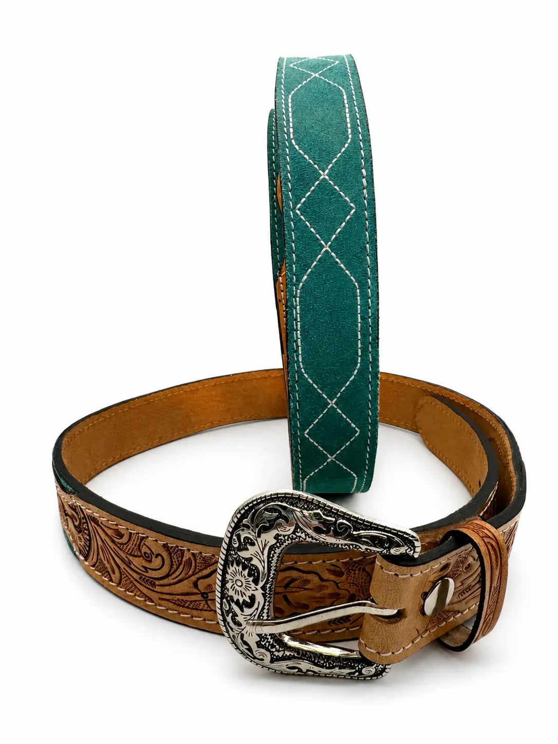 Western Stitch Genuine Suede & Hand Tooled Leather Belt -Turquoise