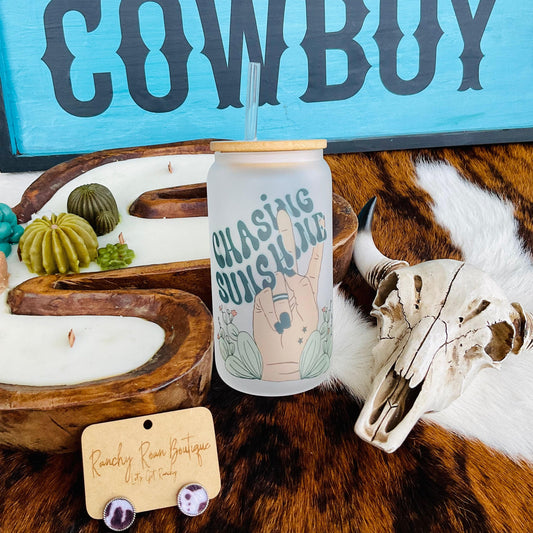 Chasing Sunshine Frosted Glass 16 oz Western Tumbler